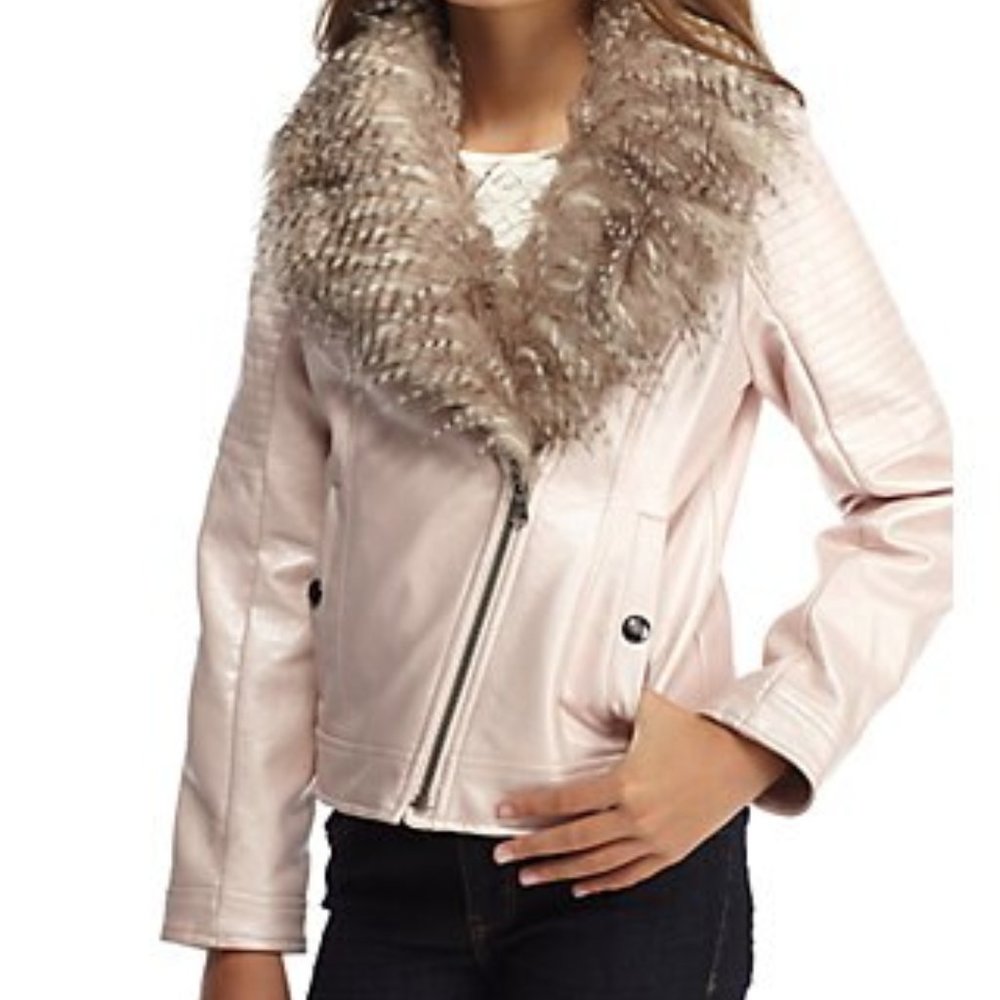 Faux Leather Moto Jacket with Faux Fur Collar